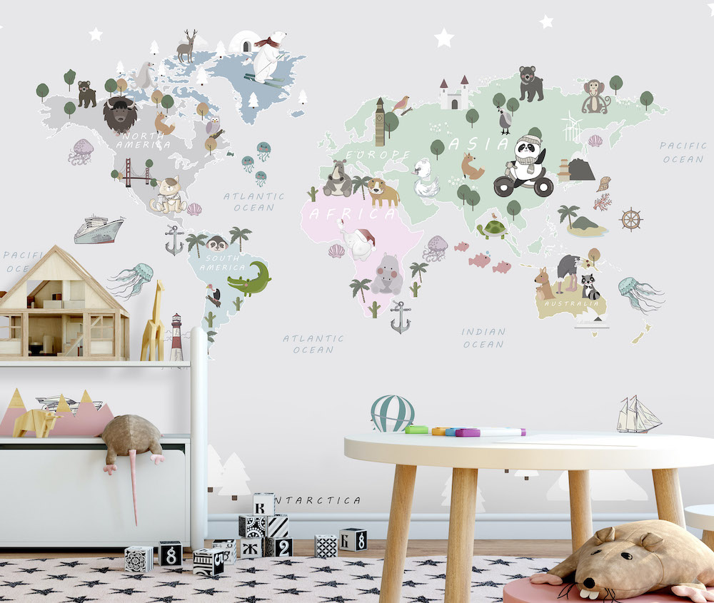 Παιδική ταπετσαρία τοίχου επιθυμητών διαστάσεων Παγκόσμιος Χάρτης 02488Q