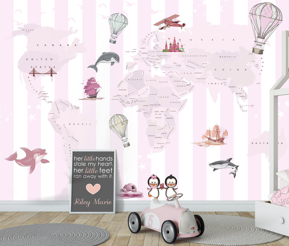 Παιδική ταπετσαρία τοίχου επιθυμητών διαστάσεων Παγκόσμιος Χάρτης Ροζ Ρίγες 02016Q